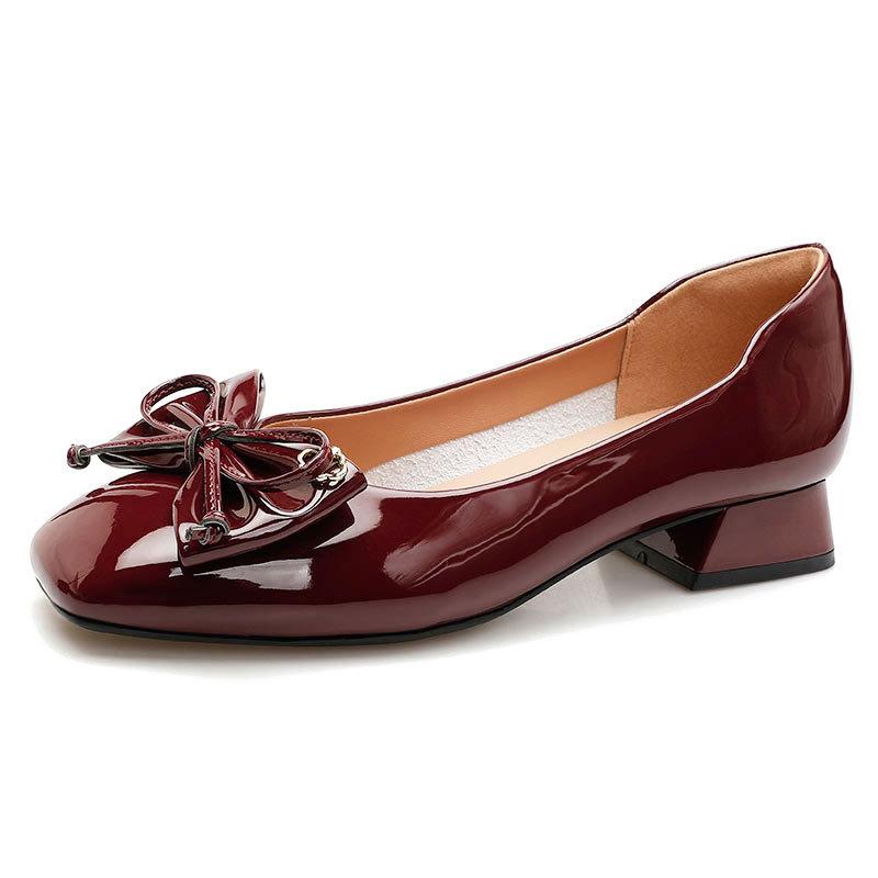Customized~ Low-heeled single shoes women's 2025 new women's shoes red wedding shoes bow French square head thick-heeled high heels