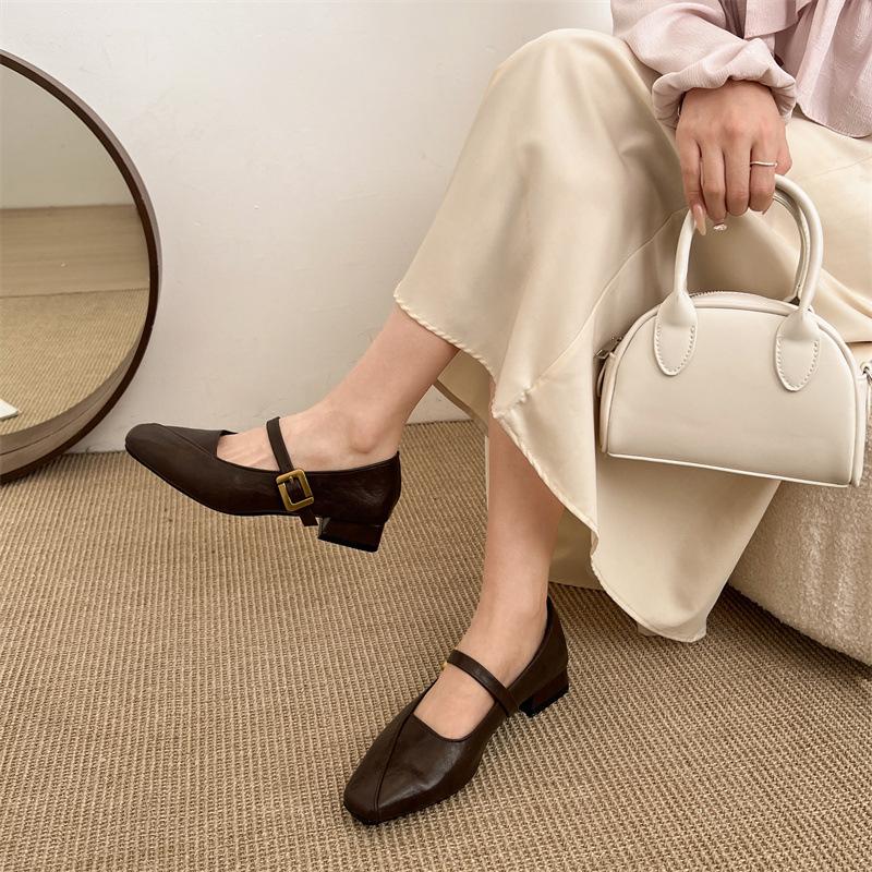 Temperamento da moda Retrô francês Salto grosso Sapatos de couro pequenos femininos 2025 novo primavera e outono Bico quadrado com saia Mary Jane sapatos únicos