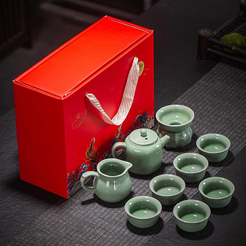 

Чайный сервиз из 10 предметов, печь Гэ, керамика Кунфу, открытая глазурь, Дэхуа, бытовой, полный, чайник, подарочная коробка, чайная чашка, бизнес-подарки зелёный