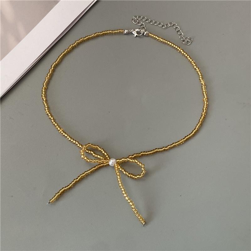 Korean Fashion Knotbow Choker Necklace for Girl Trendy Romantic Handmade Rice Beads Short Neck Jewelry Gift for Friend