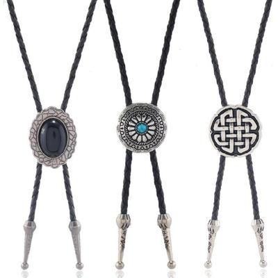 3 Pezzi Cowboy Western Vintage Ciondolo Fiore Pietra Bolo Tie Cordino in Corda di Cuoio Intrecciato Cravatta Collana Gioielli Indossabili al Collo