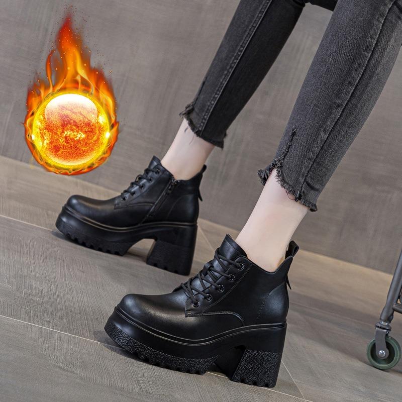 Autumn and winter women's shoes new heightening platform high heels casual short boots women's Martin boots lace-up versatile single cotton shoes