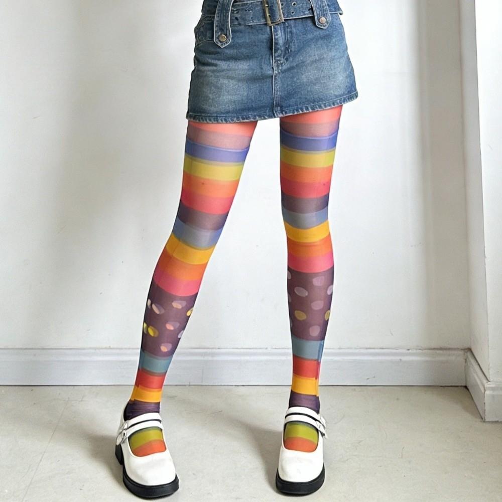 Seamless Colorful Stripes Stockings Elastic Gradient Color Tights Rainbow Pantyhose Girl
