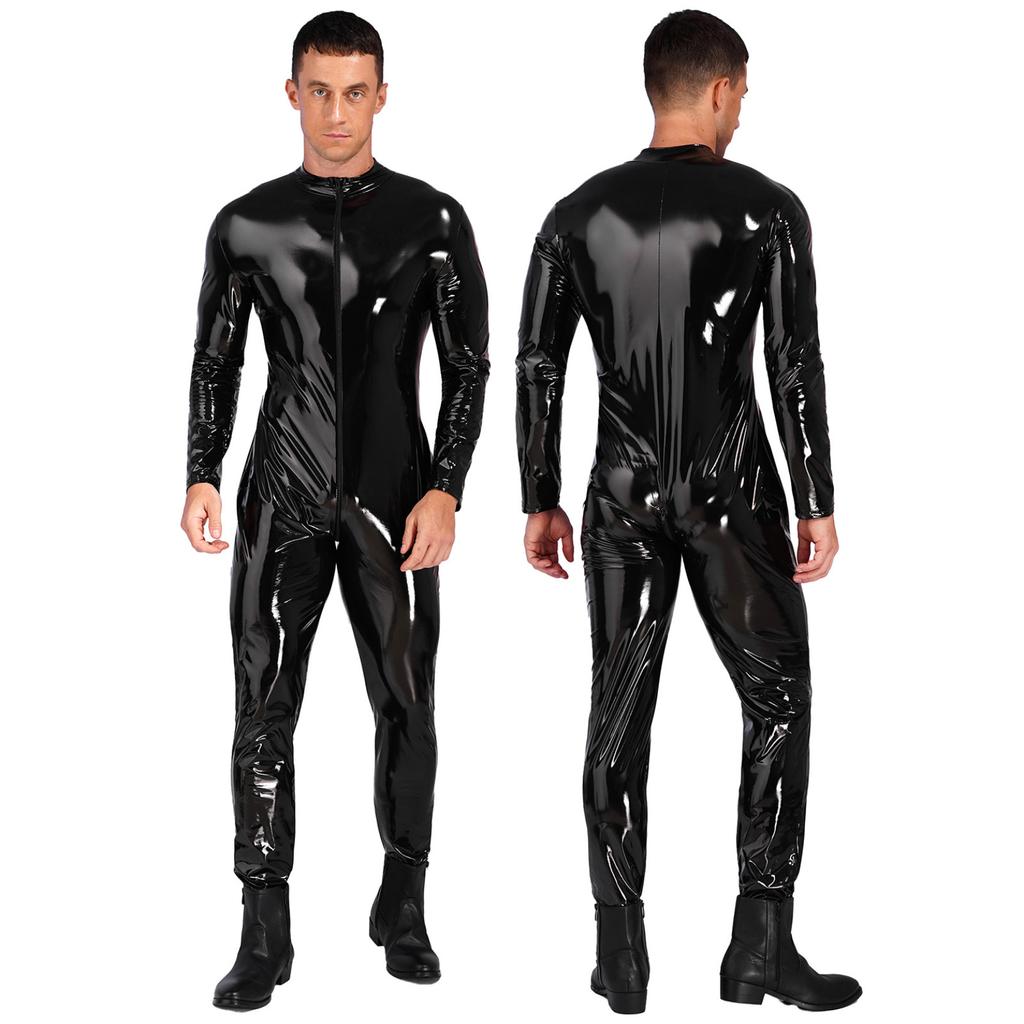 Mens Shiny Patent Leather Jumpsuit Stand Collar Long Sleeve Zipper Leotard Bodysuit Catsuit