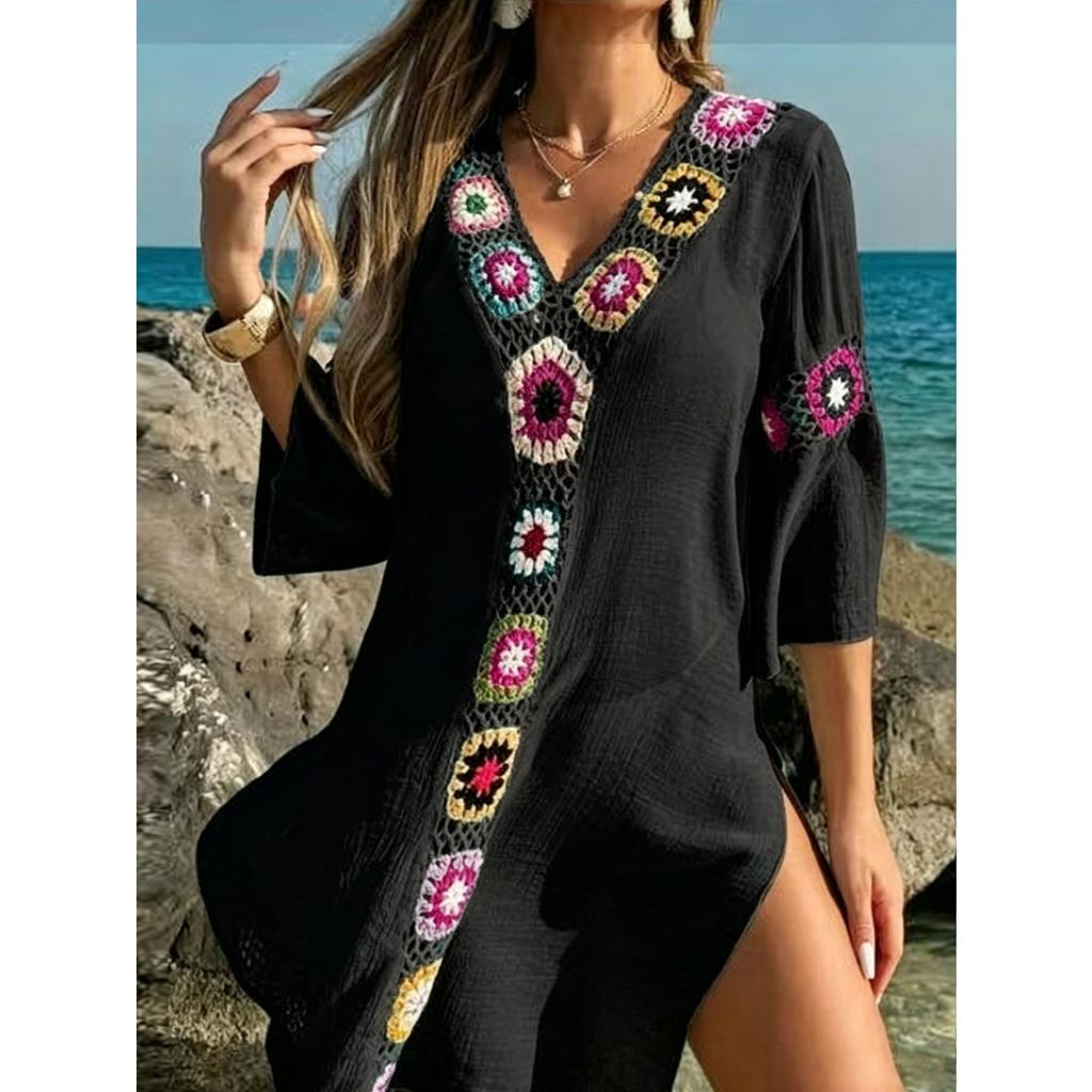 Women's V Neck Three Quarter Sleeve Tunic Dress Loose Fit Mid Rise Boho Crochet Cover Up Beach Dress