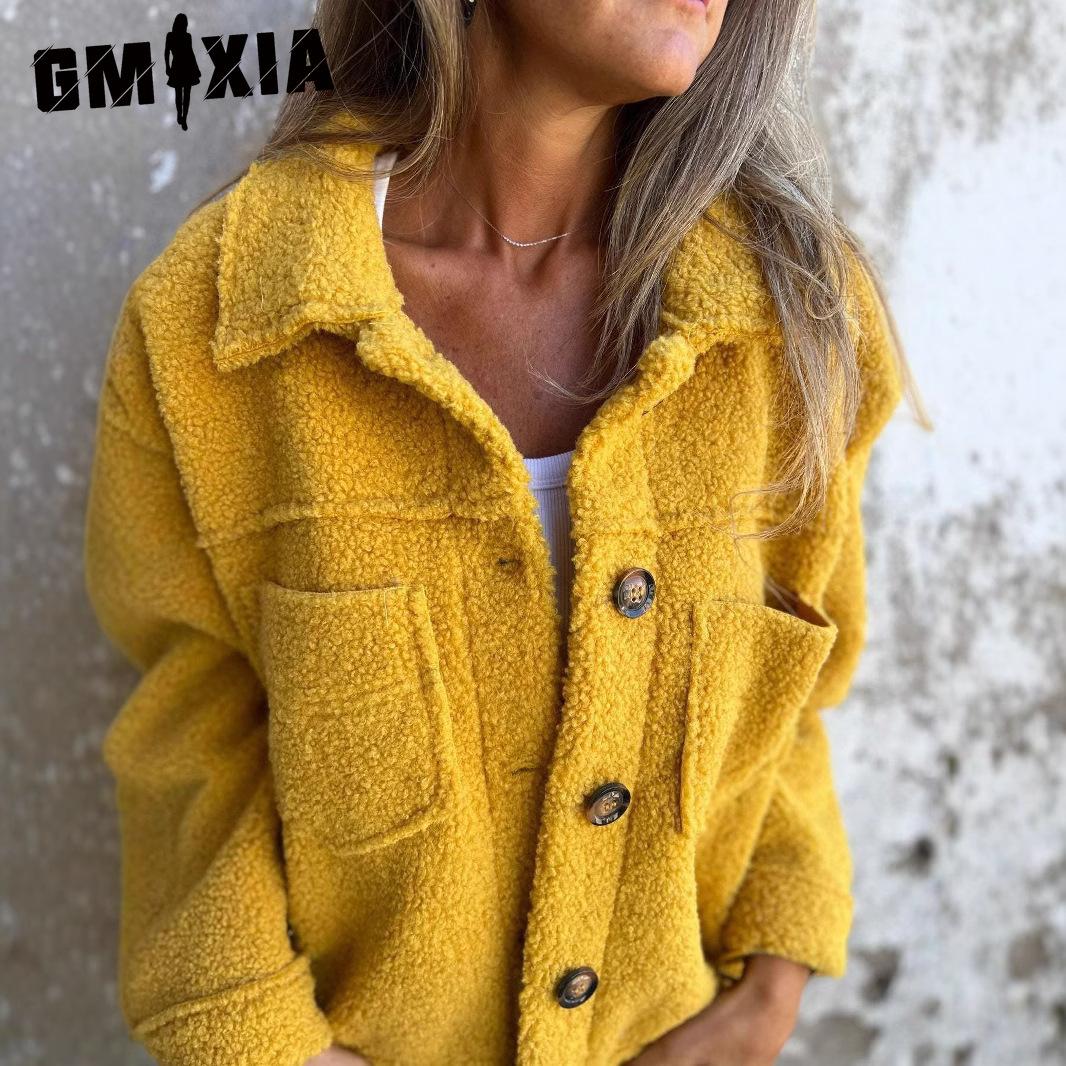 

GMXIA женские винтажные повседневные куртки и пальто с решетчатым принтом осень-зима с длинными рукавами и воротником-поло L жёлтый