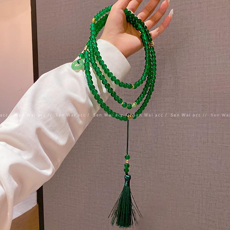 New Chinese-style green string beads, fringed necklace, women's long oblique span chain, sweater chain, niche ancient cheongsam with accessories
