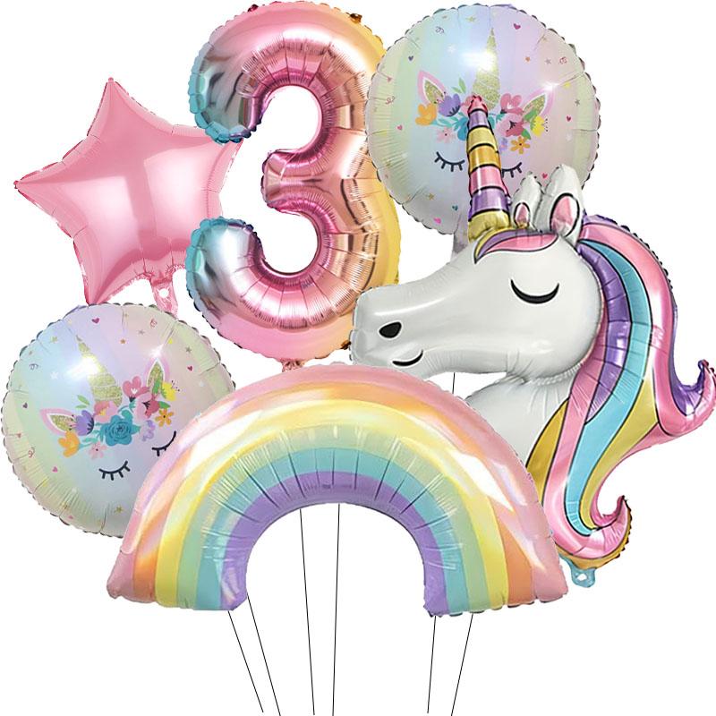 6pcs ainbow Unicorn Aluminum Balloon 32inch Gradient Number Balloon Unicorn Party Supplies Unicorn Party Decoration Baby Shower