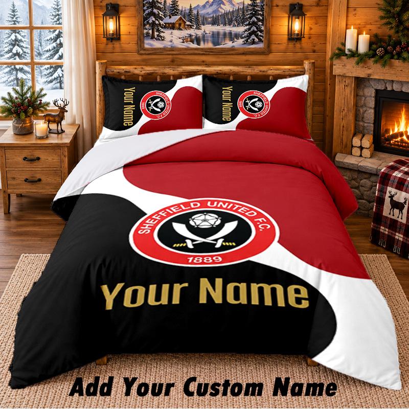 Ensemble de literie 3 pièces motif Sheffield United FC Nom personnalisé, Drap de lit et taies d'oreiller pour chambre à coucher à la maison