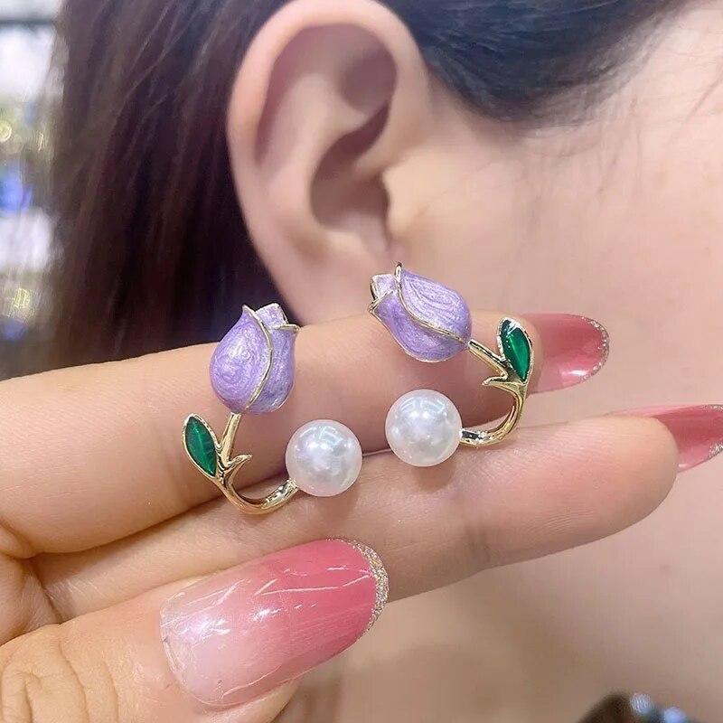 French Tulip Flower Stud Earrings Light Luxury Imitation Pearl Earrings Women's Fashion Summer Female Ear Jewelry Party Gifts