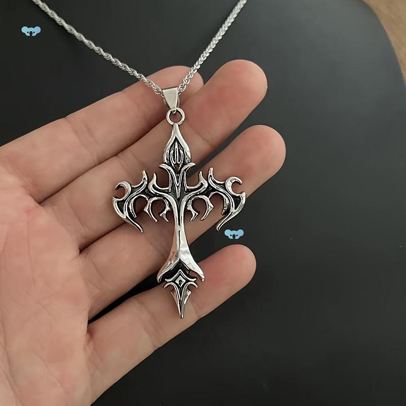 Fashion Vintage Flame Cross Pendant Necklace For Women Men Hip Hop Punk Personality Sweater Chain Jewelry Gift