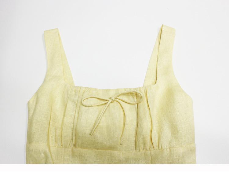 In Stock: 2025 Summer Yellow Linen Square Neck Mid-Length French Vacation Dress