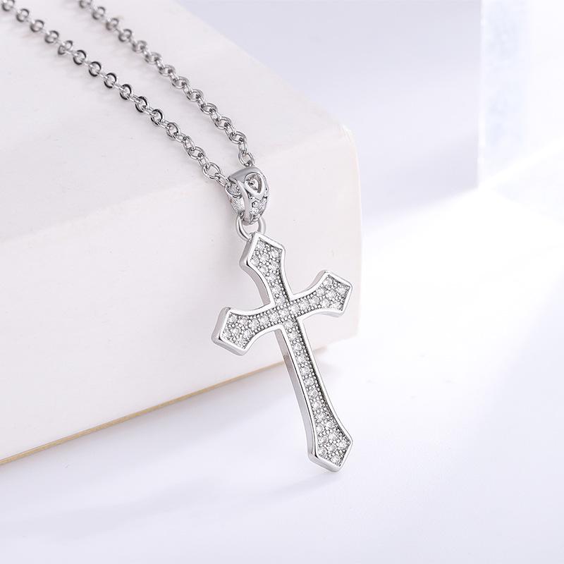 White Gold-Plated Cross Pendant Micro-Paved Necklace, Non-Fading, Christmas Gift Jewelry