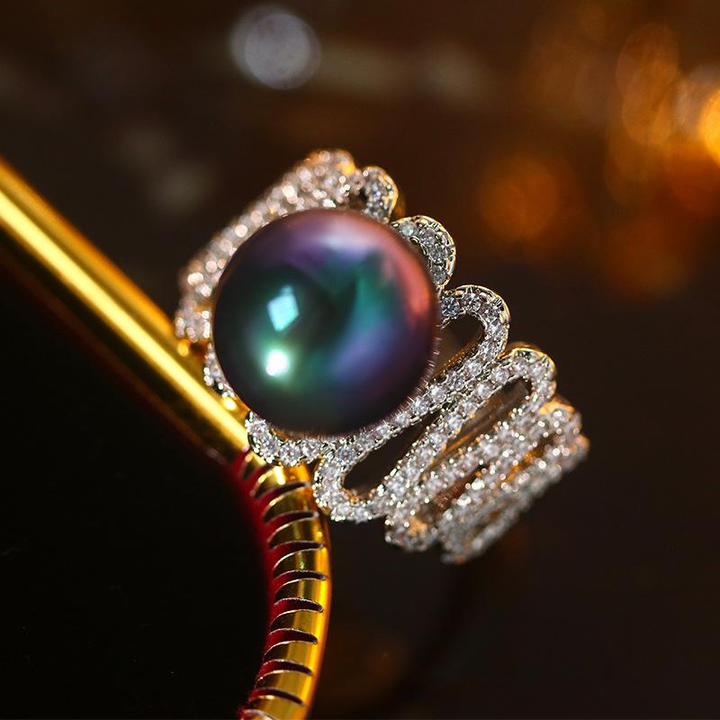 New Hollow Zircon Purple-black Pearl Ring For Women Copper Fashion Jewelry Opening Ring Bridal Gift Women