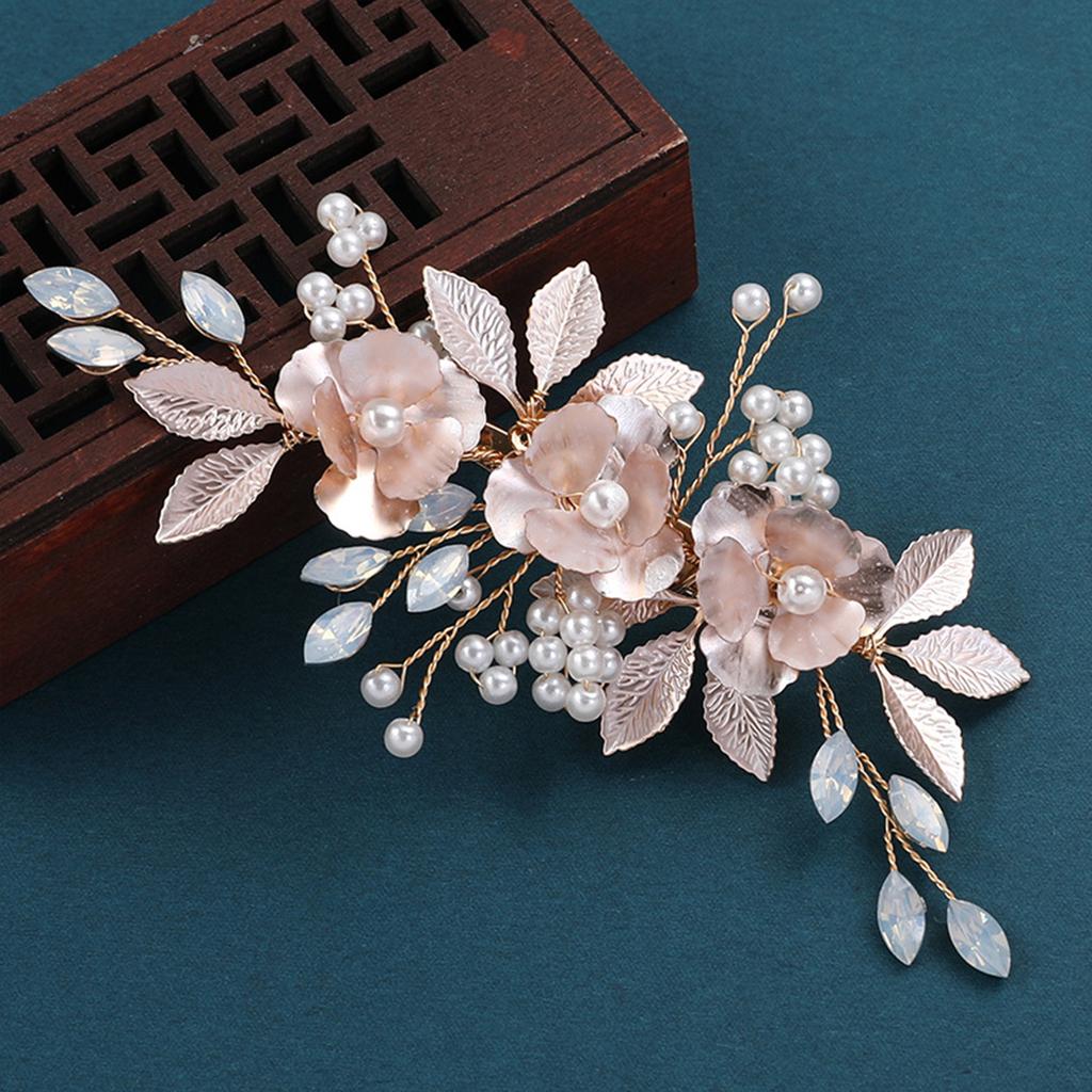 Elegant Floral Hair Clip Rose Gold Pearl Flower Leaf Barrettes For Women Girls Wedding Party Banquet Updo Jewelry Hair Accessory