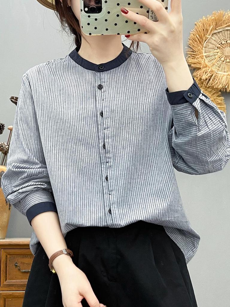 Women's Pure Cotton Striped Stand Collar Long Sleeve Shirt, Loose and Slimming Fit
