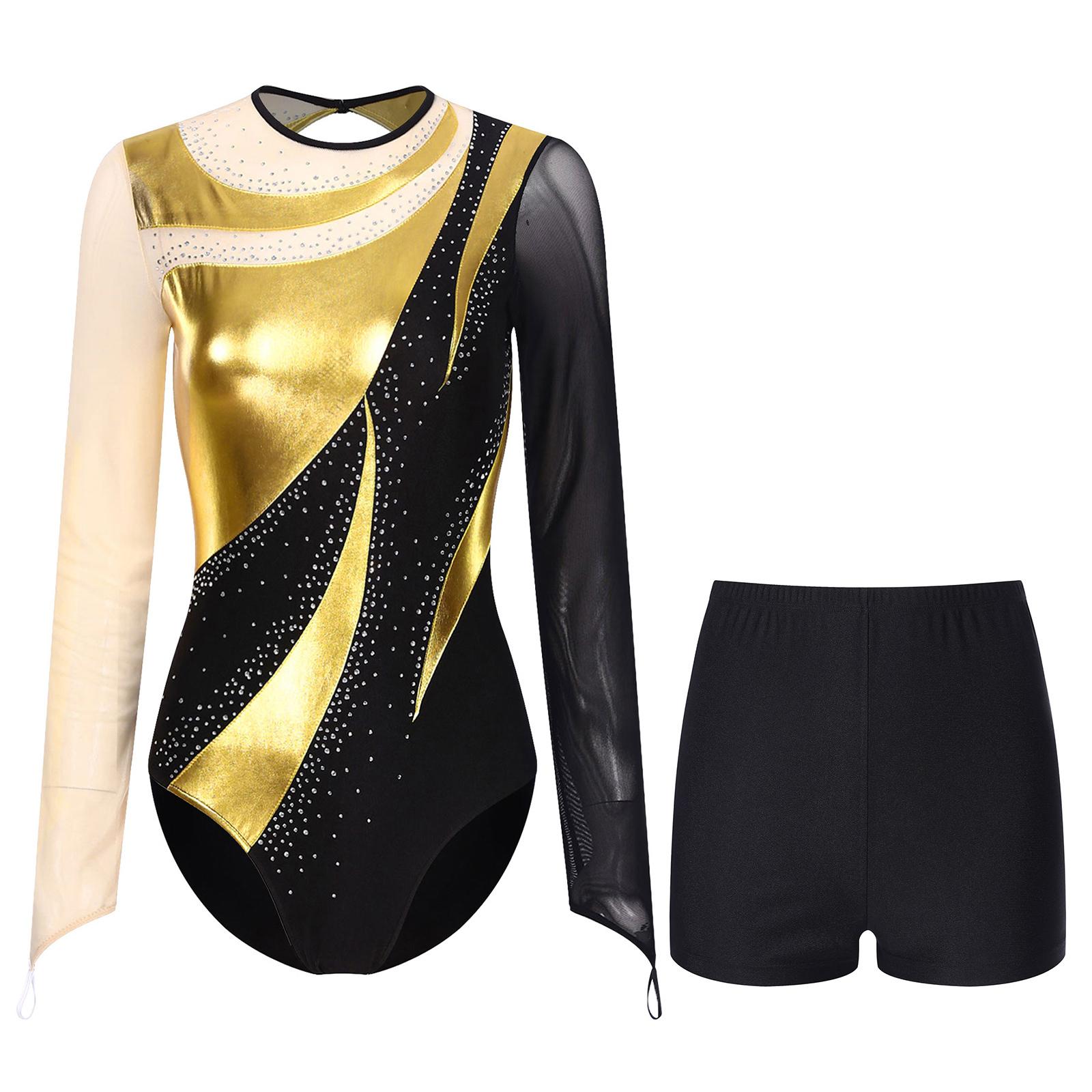Damen Gymnastik Tanz Performance Kostüm Metallisch Kontrastfarbe Patchwork Durchsichtiges Netz Langarm Unitard Ausgeschnittener Rücken Strassstein Bodysuit Shorts S gold