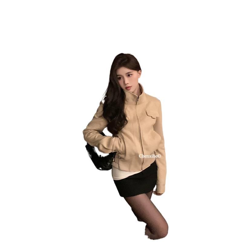 Women's Korean Style Retro Faux Suede Slim Fit Motorcycle Jacket