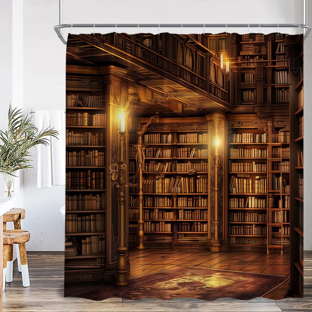 Vintage Bücherregal Duschvorhänge Retro Bibliothek Europäischer Stil Bücherregale Badezimmer Dekorationen zum Studieren Retro Badvorhang