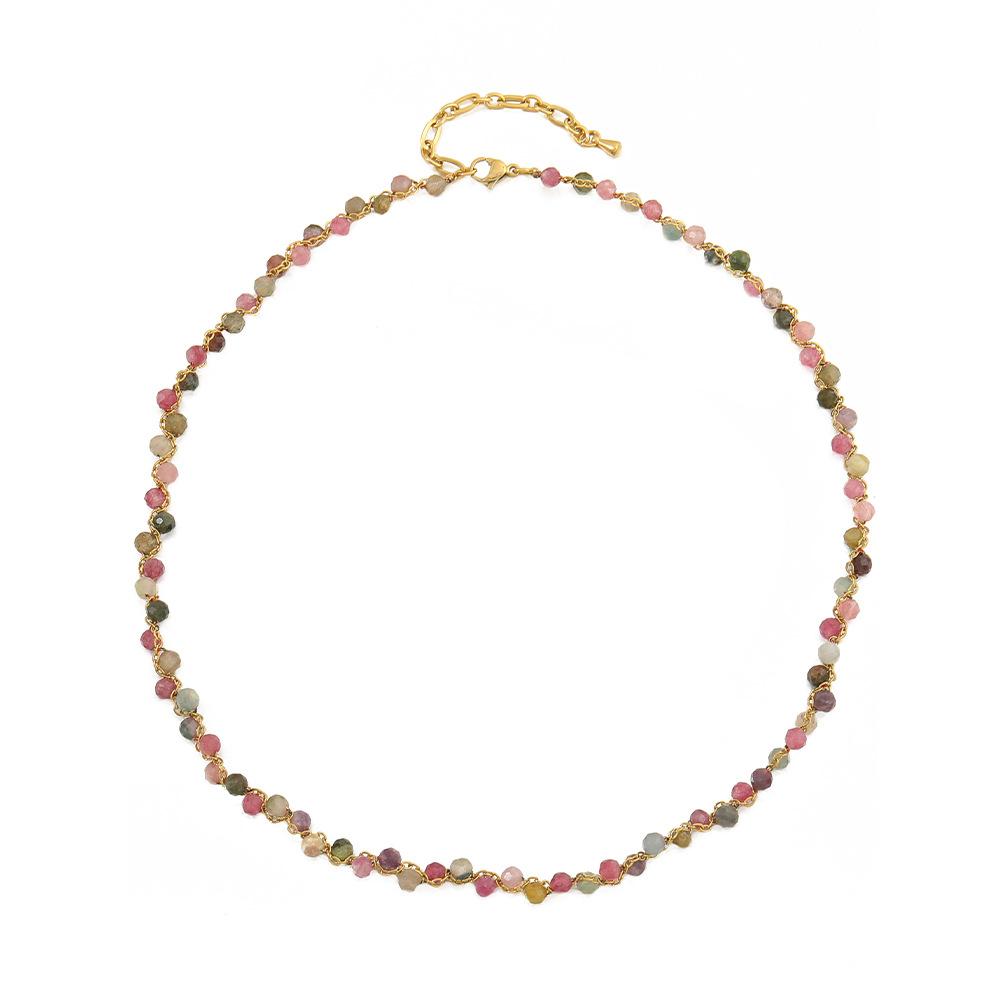 GEMCHIC Женское ожерелье из натурального розового турмалина с золотым крестом, Многослойная цепочка на свитер с тигровым глазом для женщин, Ручная работа