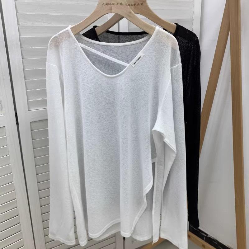 Loose Sun Protection Clothes T-shirts Women's Slit Long Sleeved Versatile Tops Summer