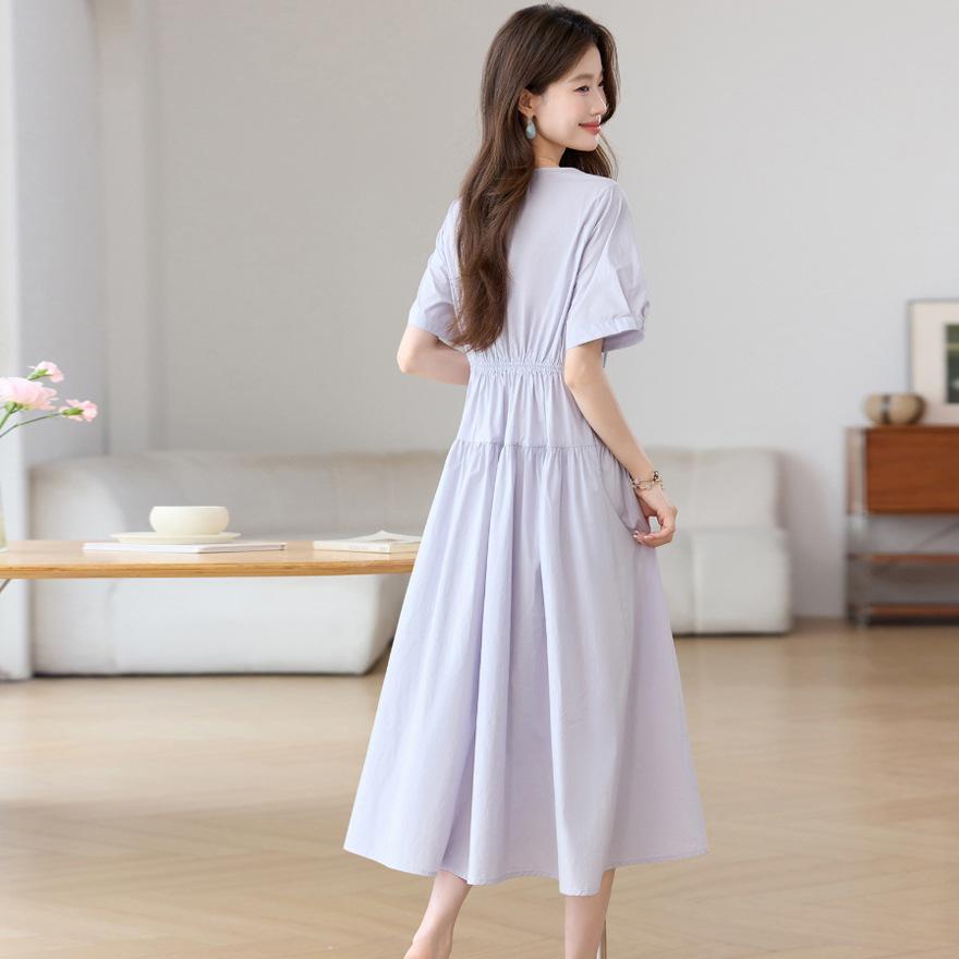 Summer New Fashion Design Sense Simple Skirt Loose Drawstring Waist Thin Short Sleeve Pure Cotton Dress Women