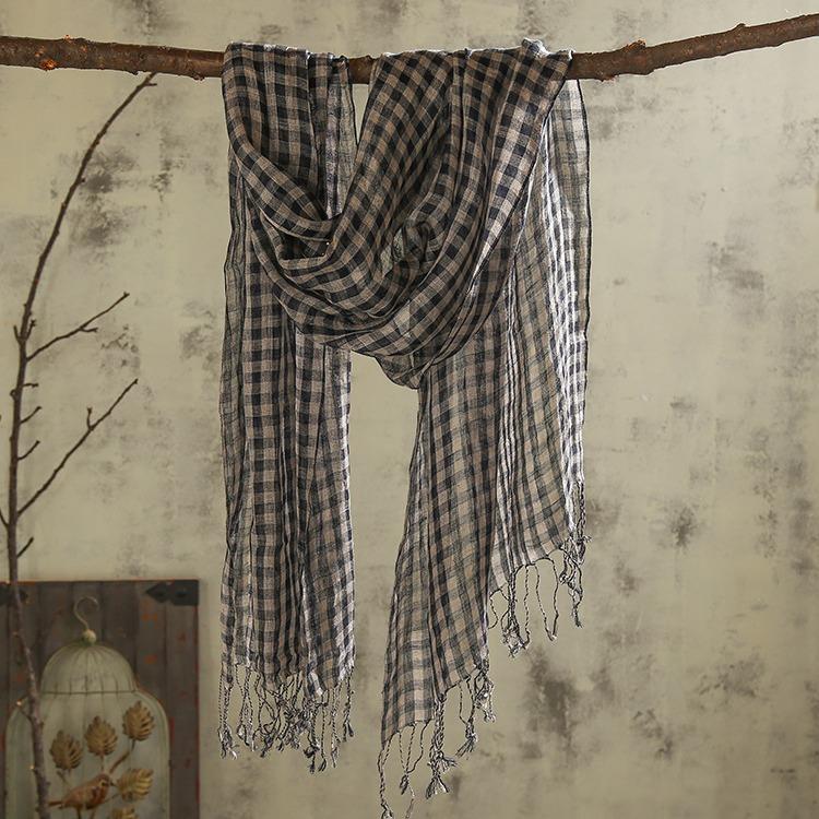 Pure Rain And Dew Linen Primary Color Navy Blue Small Checkered Scarf, Literary And Versatile Scarf