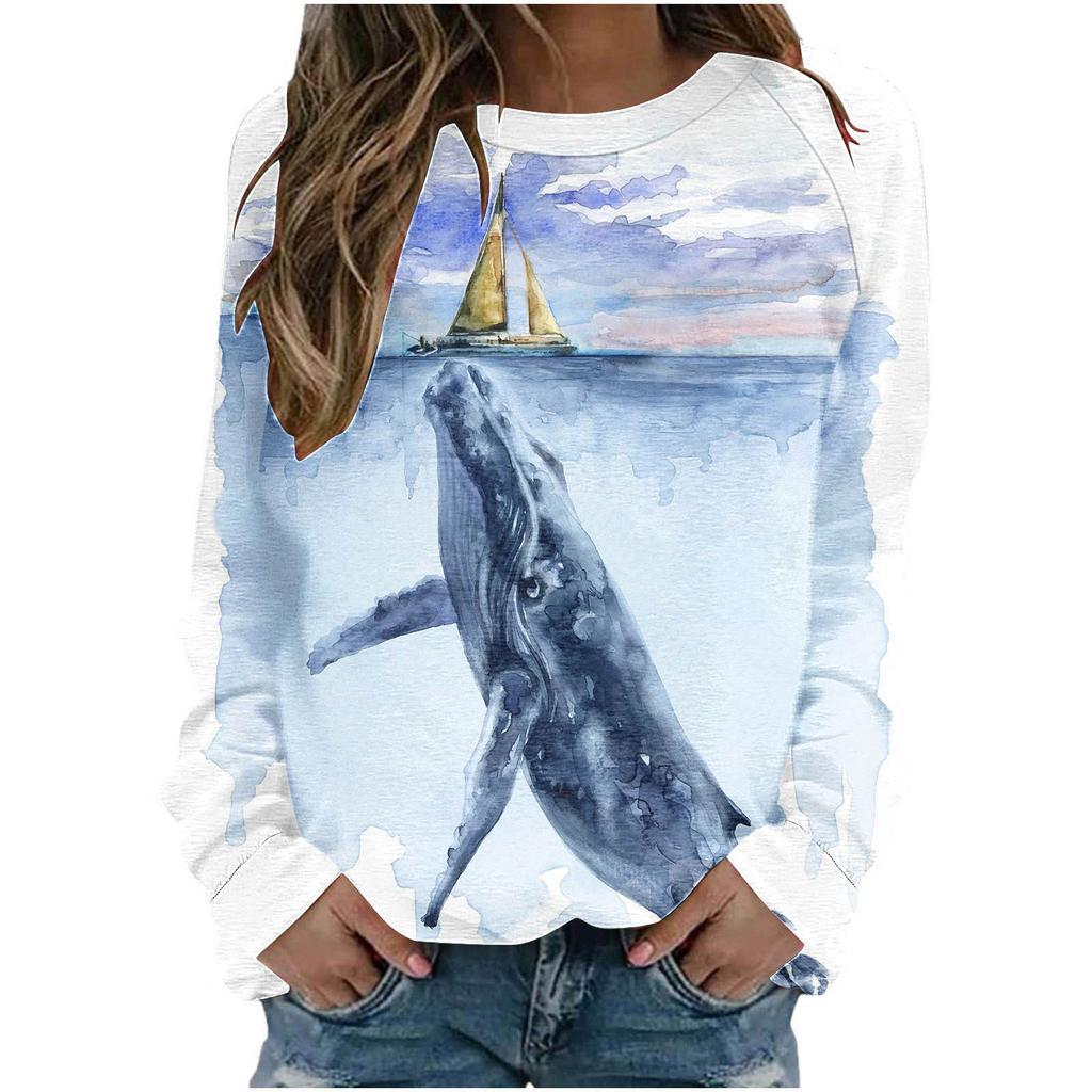 Round Neck Womens Blue Autumn Tshirt Loose Fitting Pullover Long Sleeved Whale 3d Printed Sweatshirt