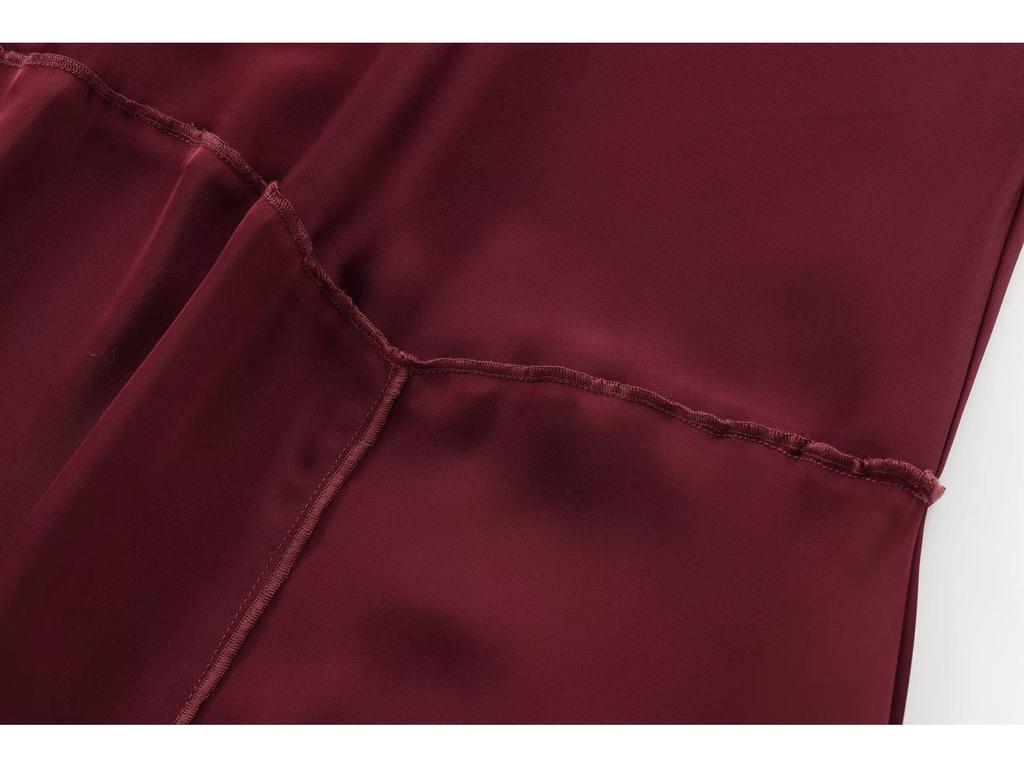 European & American Women's Autumn Burgundy Draped Sling Dress - Elegant & Lazy French Style