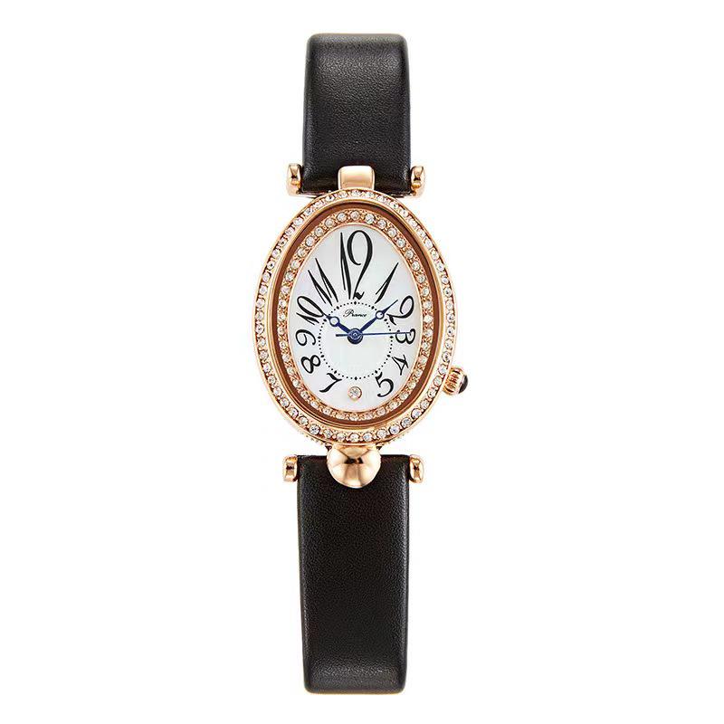 Women's Luxury Oval Leather Strap Watch with Diamonds