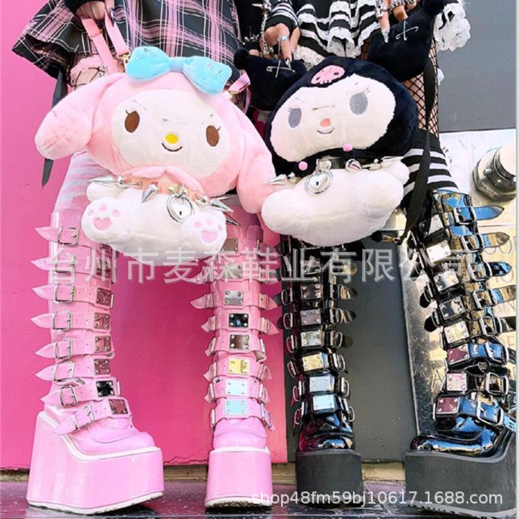 Buckle-up platform boots gothic wedge heels high boots female punk babes knight boots