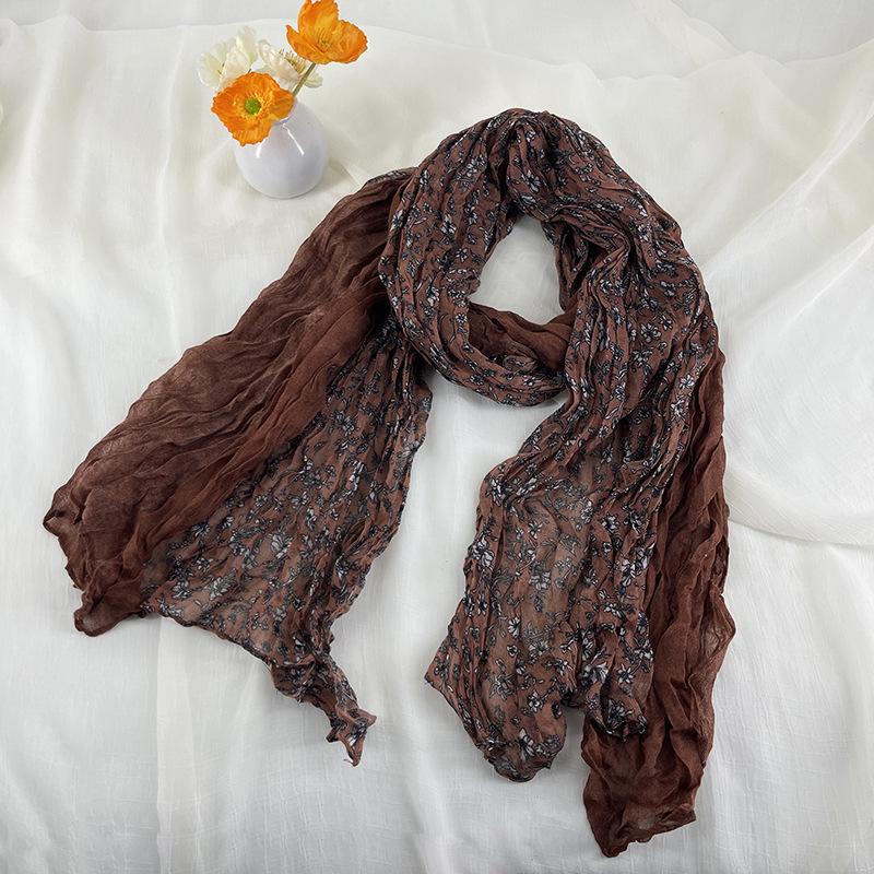 Ethnic Style Pleated Floral Long Scarf Women Korean Retro Thin Shawl Fashionable Temperament Color Blocked Silk