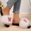Fashion Lovely Butterfly Detor Cotton Slippers Women Soft Faux Furry Plush Slippers Woman Winter Open Toe Slip On Fur Slides Female