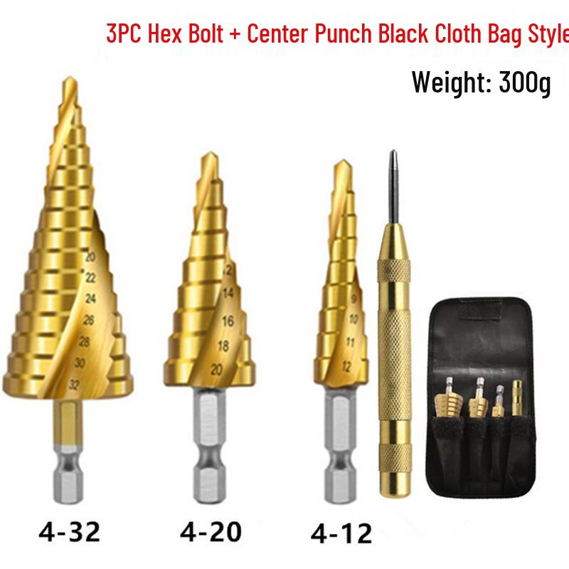 Hex Shank Step Drill Bit Set: Straight & Spiral Flutes, Tapered Hole Opener, Chamfering, with Cloth Bag Packaging.