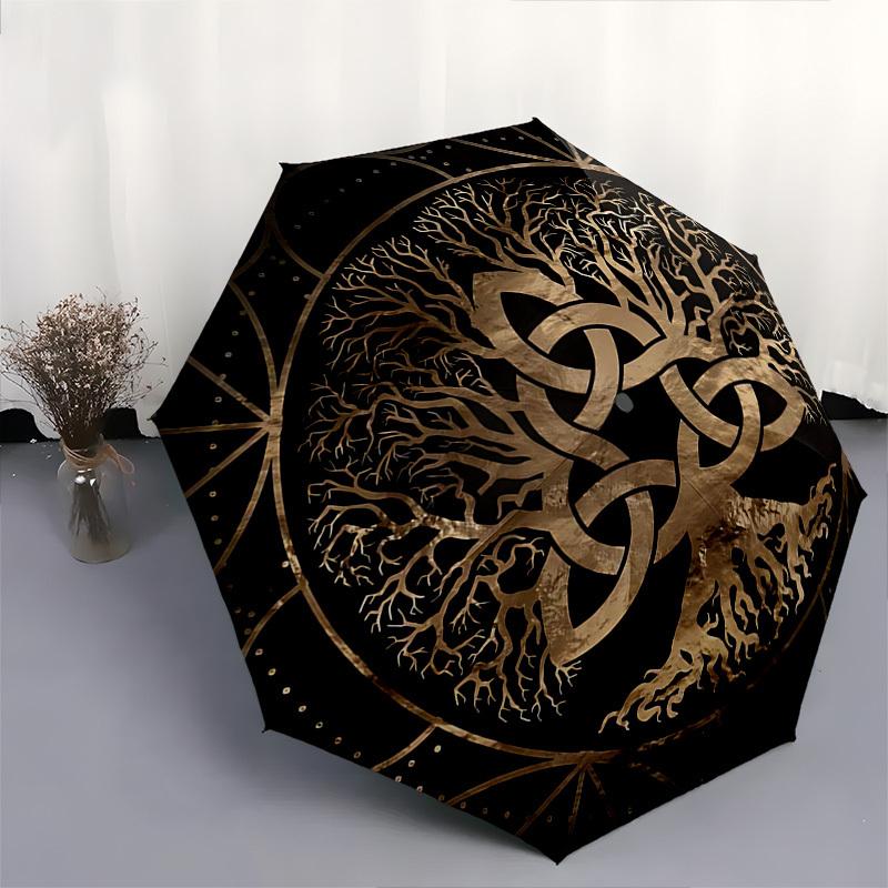 Celtic Knot Tree of Life Themed Automatic Opening and Closing Umbrella, Brightly Colored 8-rib Portable Umbrella, Suitable for Men and Women