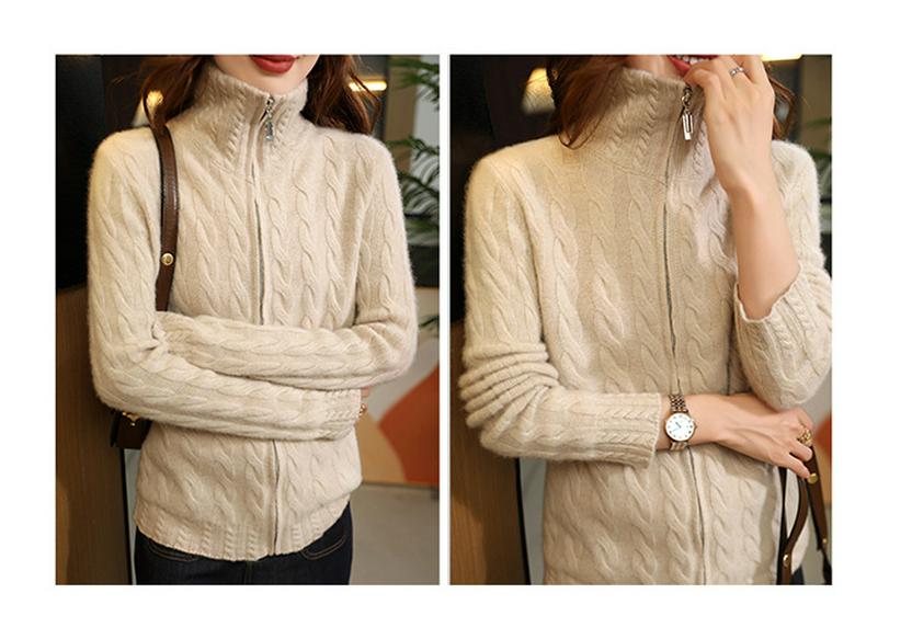 Women's Autumn Thick Wool Cable Knit Cardigan - Lazy Style, Loose Fit, Long Sleeve, Stand Collar Sweater Coat
