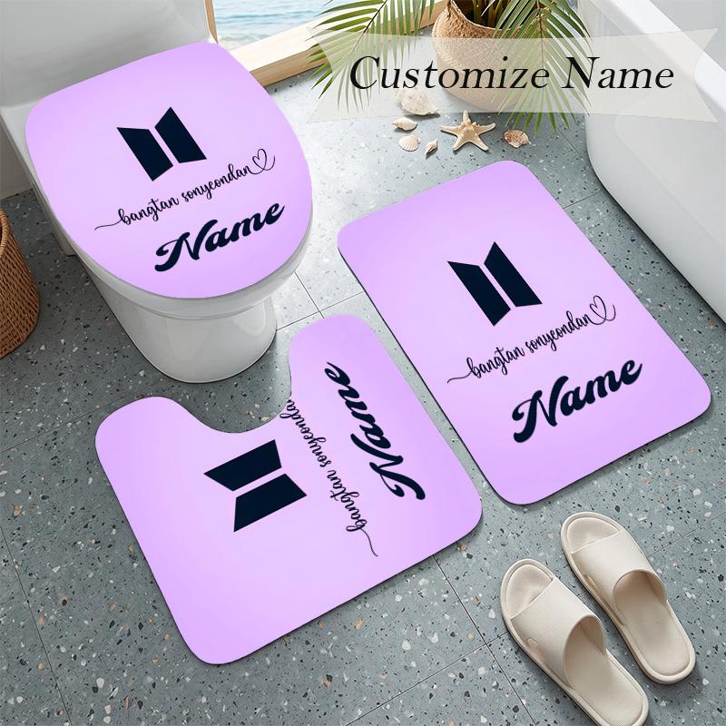 BTS (32) Custom name Flannel Toilet 3 Piece Set Soft Bathroom Rug Toilet Seat Cover for Bathroom Home Decor