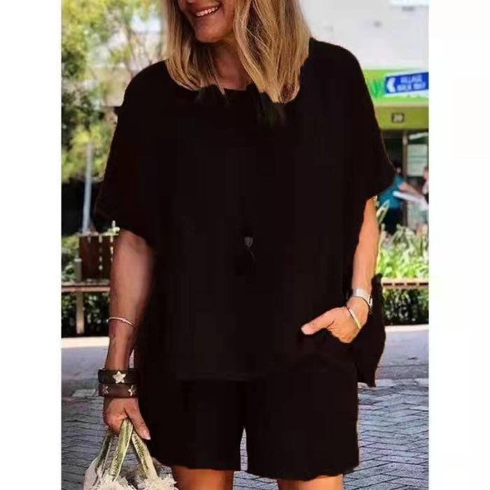 

Комплект из хлопка и льна больших размеров с коротким рукавом и шортами - Весенне-летний повседневный костюм-двойка Large чёрный