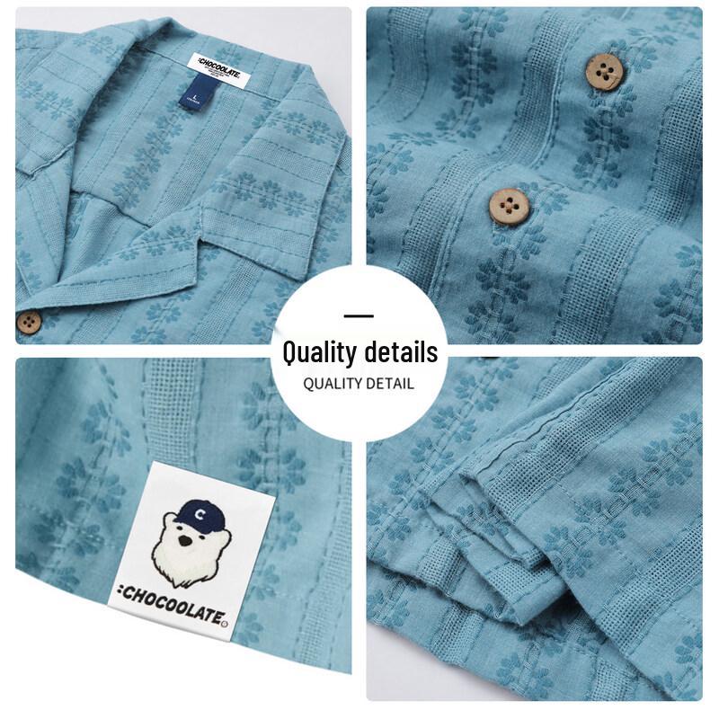 :CHOCOOLATEit Men's American Retro Jacquard Cuban Collar Short Sleeve Shirt
