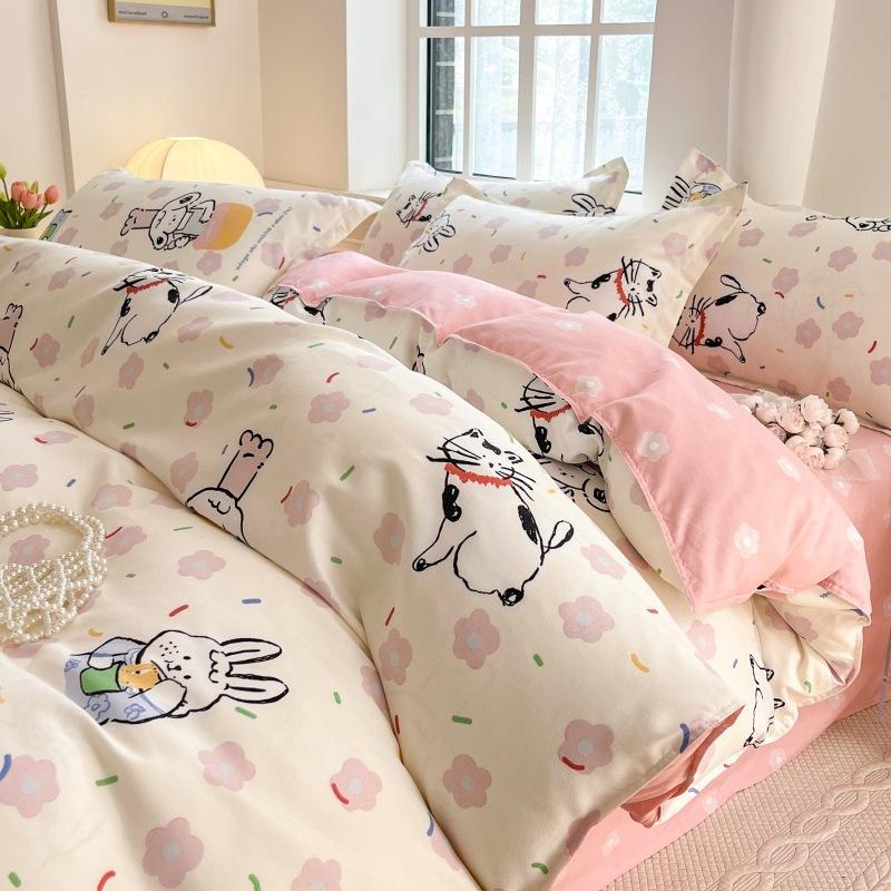 Washed Cotton 4Pcs Set, Spring And Autumn 1.8M Bed Sheet Double Quilt Set 3Pcs Home Textile