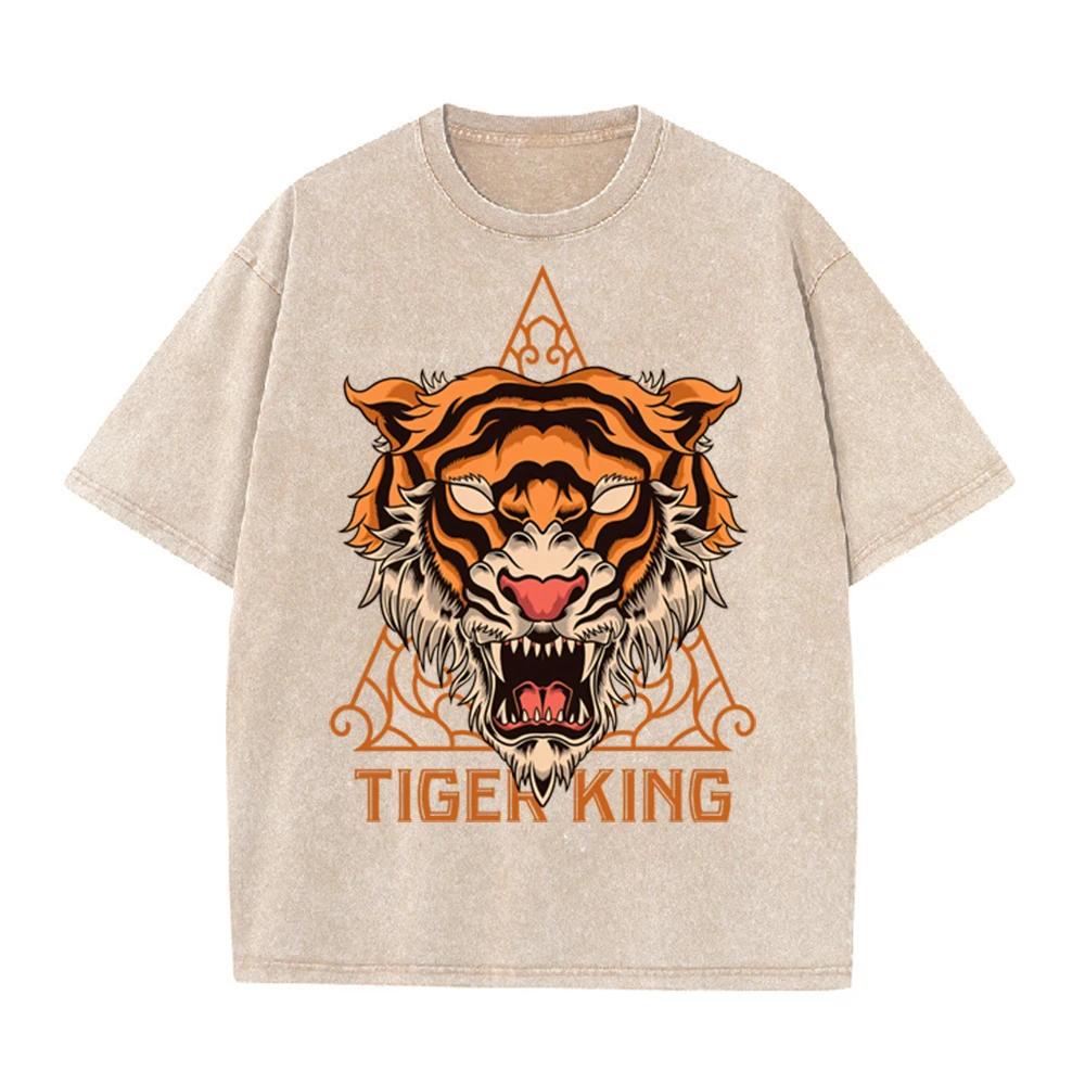 2026 Vintage Washed Black Tiger Head Graphic T Shirt Triangle Ornament Tiger King Retro Print Oversized Men Streetwear Casual Sh