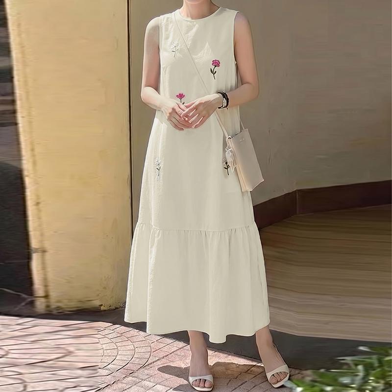 ZANZEA Women Casual Round Neck Loose Floral Embroidery Sleeveless Dress