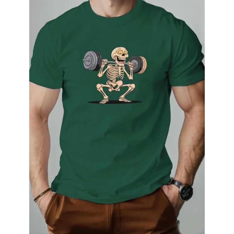 Summer Round Neck Skeleton Lifting Weights Pattern Printed Top Fashionable Casual Pure Cotton Short Sleeved Men's T-shirts