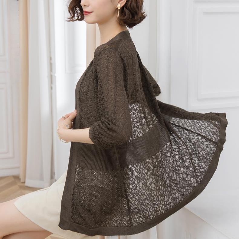 Summer Women's Knitted Jacket Solid Color Cutout Open Front Knitted Cardigan Thin Sunscreen Shawl