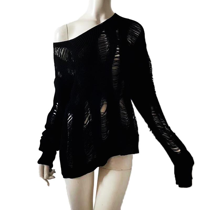 Black Hole Hollow Sweater Irregular Design Long Pullover Loose Casual Women's Punk Top American Spicy Girl Streetwear