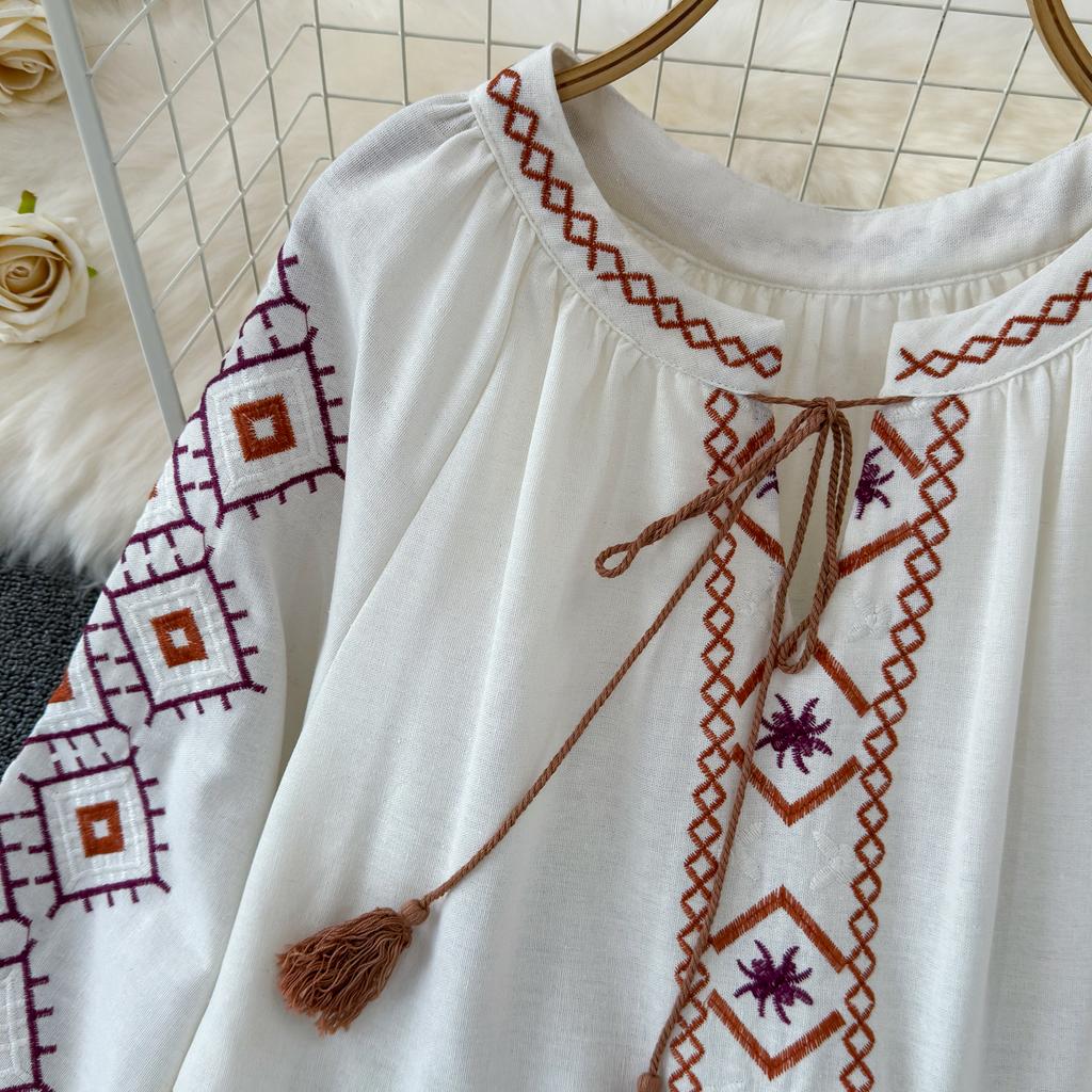 Bohemian Dress Women 2024 O Neck Ethnic Style Embroidery A-line Vestidos Retro French Chic Folds Dresses Summer Dropshipping