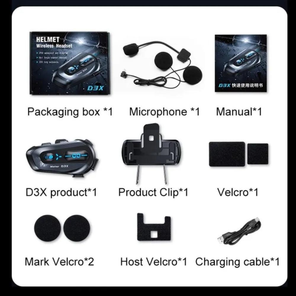 

Мотоциклетная Bluetooth-гарнитура D3X - Беспроводная шлемная интерком-связь, Обмен музыкой, Водонепроницаемость IP56