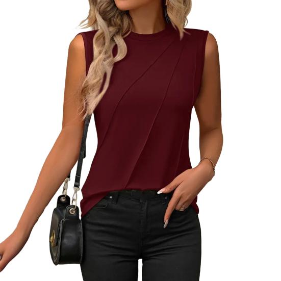 Summer Women Vest Loose Fit Sleeveless Round Neck Tank Tops Solid Color Line Details Breathable Vest