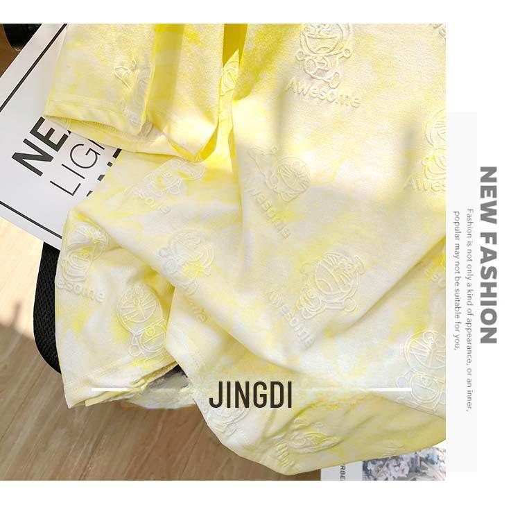 Korean Style Women's Tie-Dye Loose Fit Pure Cotton Short-Sleeve Top with Diamond Accent, Mid-Length Round Neck, Large Size.