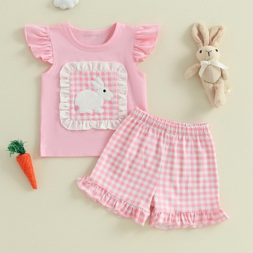 Girls Summer 2 Piece Outfits Short Sleeve Bunny Embroidery Tops Plaid Shorts Sets